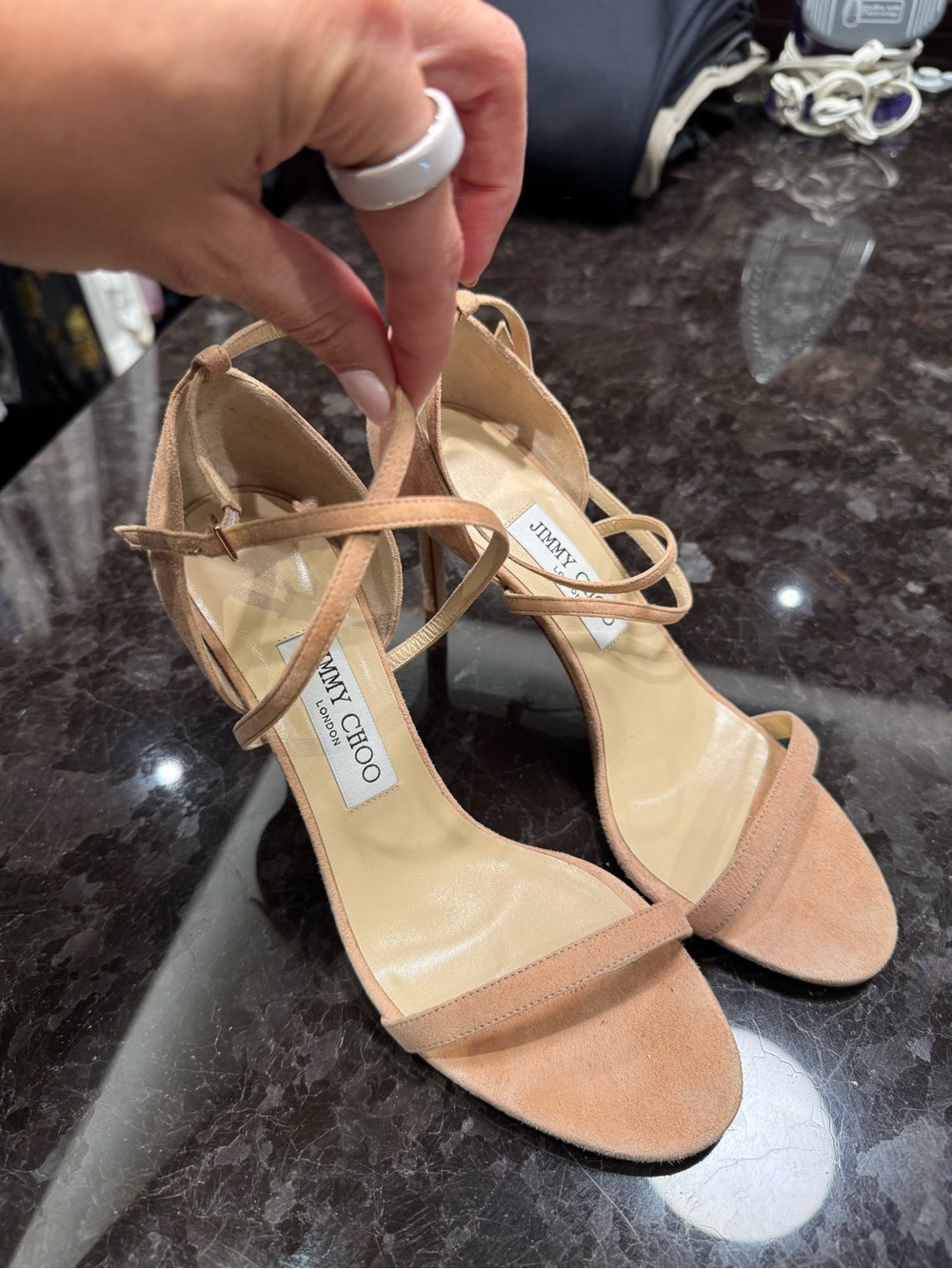 Jimmy Choo Nude Blush Suede Strappy Stiletto Sandals